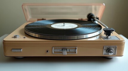 Obraz premium A vintage-style turntable with a vinyl record, showcasing a nostalgic music playback experience.