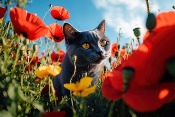 Vibrant photo of focused cat amidst colorful flowers in sunlight