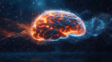 Glowing brain nebula; cosmic thinking, AI concept