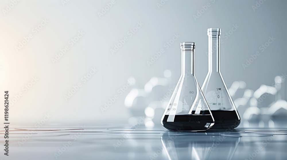 Poster two lab flasks with dark liquid on a reflective surface