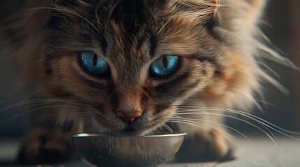 Against a neutral backdrop, this close-up shows a fluffy cat with blue eyes eating from a bowl. It highlights the fur texture and the feline's expression, Generative AI.