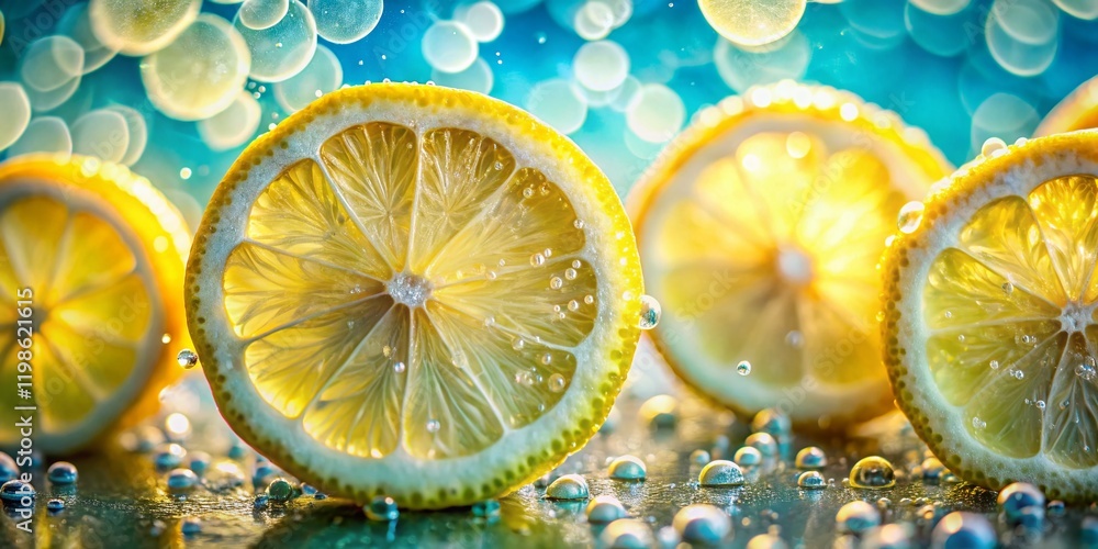 Poster macro photography: sparkling water with lemon slices, bokeh background