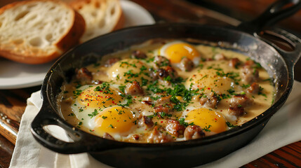Eggs with gravy done at residence with sausage and bread for supper