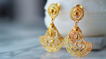 Elegant gold earrings with intricate filigree design are displayed on a white marble surface