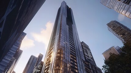 Modern skyscraper, city skyline, urban development, sunset, architectural rendering, real estate