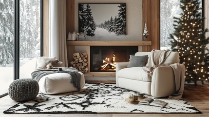 Cozy winter chalet living room fireplace Christmas