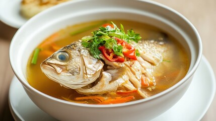 Close up of fish soup on a bowl