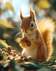 Happy squirrel eating acorns in forest sunlight