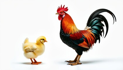 Fototapeta premium Vibrant Rooster and Fluffy Chickling Farm Animals Poultry White Background