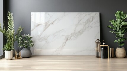 Modern apartment, marble mockup, plants, interior design