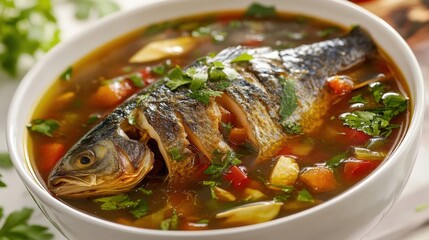 Close up photography of fish soup on white bowl