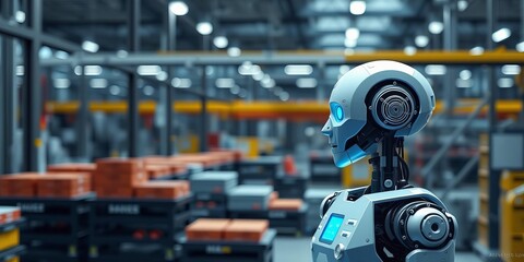 Fototapeta premium 3D rendering of a futuristic AI robot working in a factory automation setting, symbolizing the adoption of AI technology and digital transformation in industry, digital, industry