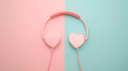 Heart shaped headphones against a gentle pink and turquoise backdrop