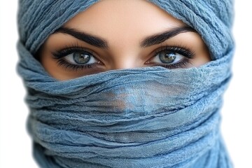 Fototapeta premium Close-up of a woman?s eyes partially covered by a blue scarf, conveying mystery and elegance.