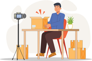 An engaging visual of a creator filming an unboxing video, with neatly arranged packages, a professional camera setup, and a lively background, representing creativity and excitement.