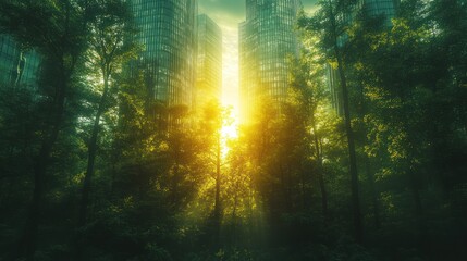 Sunlit Cityscape Emerging from Lush Forest