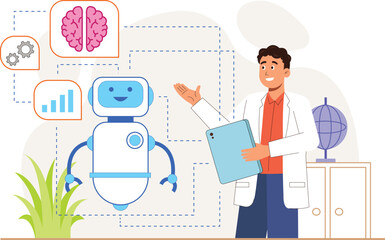 Explore innovation and collaboration with this illustration of a scientist and an AI robot working together, focusing on a brain model to signify advancements in neuroscience and technology.