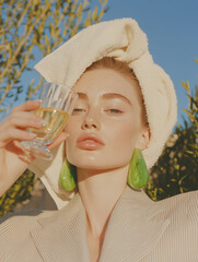A relaxed woman with a towel head wrap and striking green earrings enjoys a sunlit moment with a glass of wine, exuding luxury and leisure.