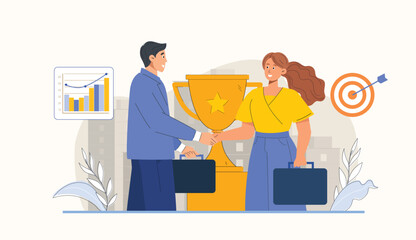 Obraz premium Celebrate the spirit of partnership with this powerful depiction of business partners collaborating and achieving their shared goals through teamwork and dedication.