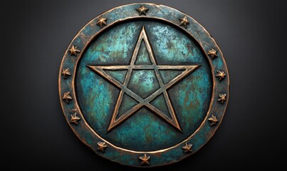 Ornate copper pentagram shield, teal patina.