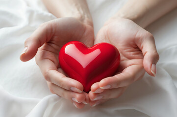 Obraz premium Romantic Minimalist Design: A Hand Gently Cradling a Bright Red Heart Against a Pristine White Background