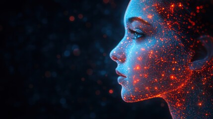 Woman's glowing face, profile, dark bokeh, energy, beauty
