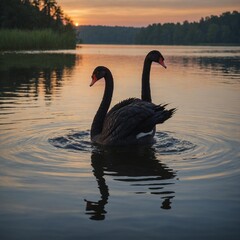 Naklejka premium A black swan floating gracefully on a serene lake at sunrise.