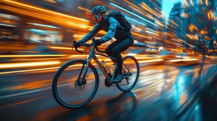 Cyclist riding bike, city night, blurred lights, rain, delivery