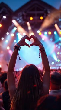 Heart-shaped hands at a concert. AI.