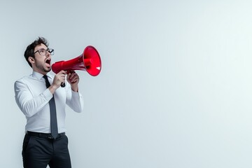 Man using a megaphone to communicate loud message in a minimalistic setting