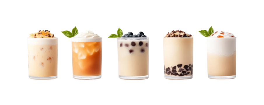 Five delightful beverages with creamy toppings, garnished with mint leaves, on a white isolated background.