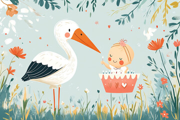 The image depicts a cartoon scene with a stork and a baby in a floral setting, surrounded by various flowers and leaves
