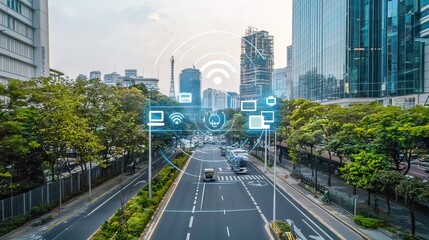 Smart city street, digital overlay, urban landscape, technological infrastructure, future city