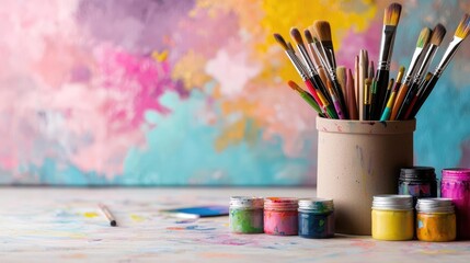 Colorful paintbrushes, paints, and canvas; art studio background; creative hobby