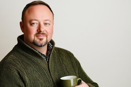 A man in a cozy sweater holds a green mug, smiling against a neutral background.