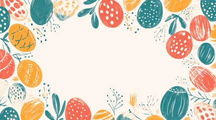 Colorful hand-drawn border celebrating Easter with vibrant eggs and delicate leaves