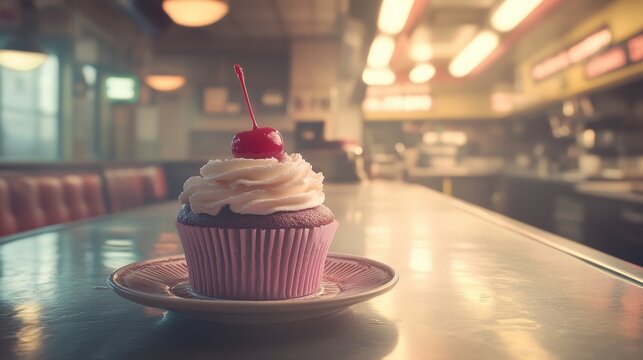 Delicious Cupcake with Cherry on Top in Diner Setting - Powered by Adobe