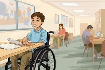 Handicapped student in a classroom using a wheelchair during an inclusive educational activity in a modern school environment