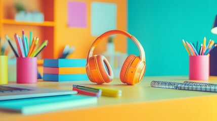 Orange Headphones Resting on a Colorful Desk