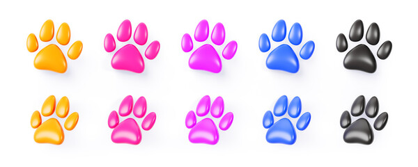 3d color paw print cartoon render icon set. Dog or cat foot print, wild animal footprint trace wolf, fox or bear, isolated design elements for veterinary clinic, grooming or pet store. 3D illustration