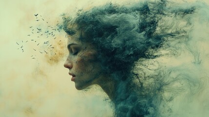 Woman, smoke, birds, profile, surreal, art, background, design, fantasy, emotion