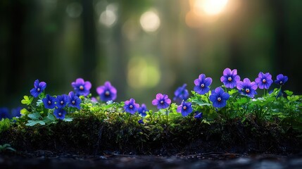 Fototapeta premium Purple flowers sunset forest ground
