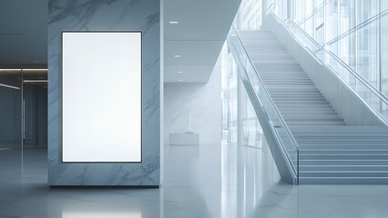Obraz premium Modern Minimalist Interior with Illuminated Digital Signage and Glass Staircase