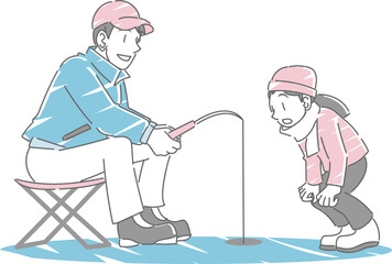 ワカサギ釣りを楽しむ家族