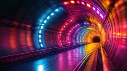 Colorful tunnel illuminated by vibrant neon lights and glowing bokeh effects, evoking a futuristic, sci-fi, and immersive atmosphere, 4k video footage
