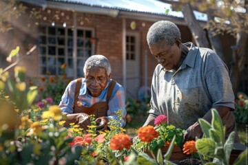 African Senior people gardening with flowers in backyard house   Couples fun and hobby concept