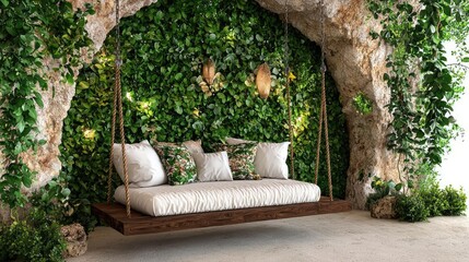 Tropical cave swing bed relaxation