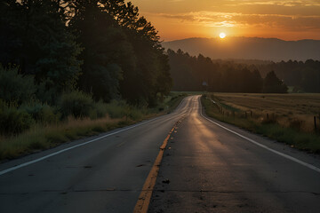 Fototapeta premium An empty road stretching toward a glowing sunrise, symbolizing the journey to a fresh start as time counts down.