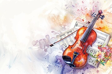 Colorful violin and sheet music surrounded by floral designs in a creative layout