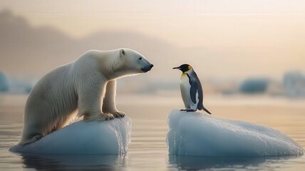 Fototapeta premium Polar Bear and Emperor Penguin Meeting on Icebergs at Dusk